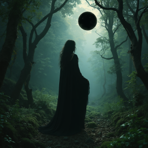 Goddess Morrigan in Irish forest under Black Sun - AL.png