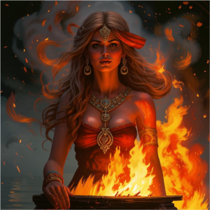 Beautiful woman atop burning pyre.png