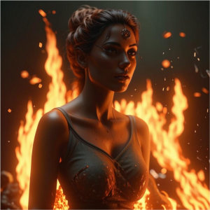 Beautiful woman atop burning pyre - 3D.png
