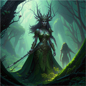 Goddess of War and Death in Irish forest - 1.png