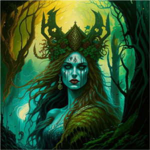 Goddess of War and Death in Irish forest - 2.png