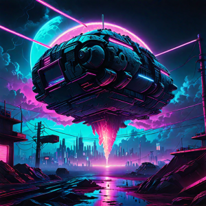 Alien cyberpunk spaceship landing.png