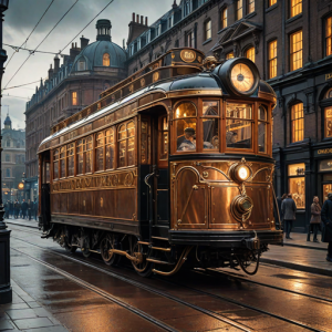 Steampunk streetcar in Victorian London.png