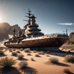 Steampunk battleship in Arizona desert.png
