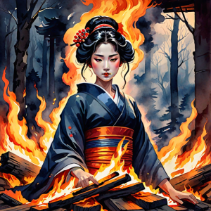 Japanese geisha on a burning pyre - 10.png