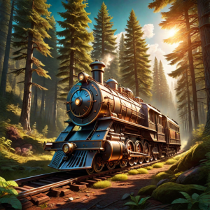 Steampunk train in Oregon forest - 2.png