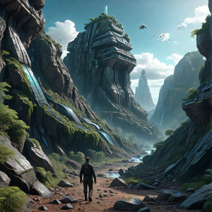 Cyberpunk tower in the mountains.png