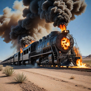 Burning armored train in Arizona desert.png