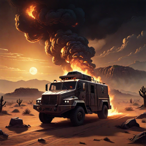 Burning armored truck in Arizona desert.png
