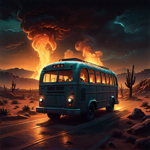Burning vintage bus in Arizona desert.png