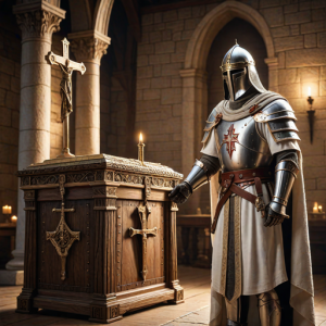 Knight Templar standing next to Ark of the Covenant.png