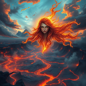 Face of Scandinavian goddess of fire in the sky over lava field.jpg