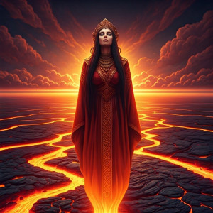 Slavic goddess of fire in the sky over lava field.jpg