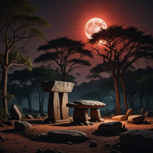 Dolmen of the dead in African jungle under blood moon.png