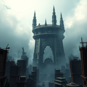 Giant round tower of the dead in apocalyptic city.jpg