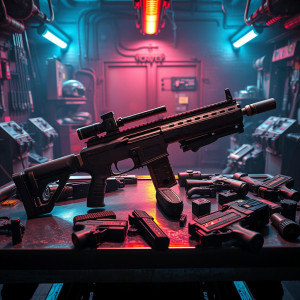 Modern assault rifle on the table in SWAT armoury.jpg