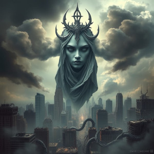 Face of the Goddess of Disaster in the sky over apocalyptic city.jpg