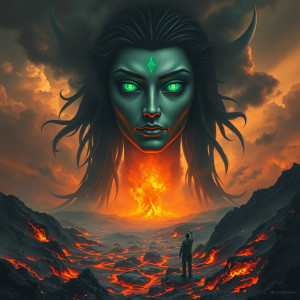 Face of the Goddess of Disaster in the sky over lava field.jpg