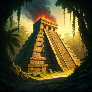 Burning pyramid in Central American jungle.jpg