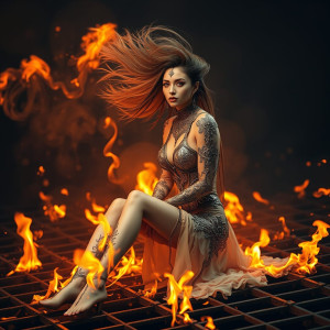 Beautiful woman sitting on a burning grid.jpg