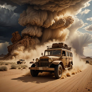 Vintage armoured car driving into vicious sandstorm.jpg