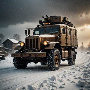 Vintage armoured car driving into vicious blizzard - 1.jpg