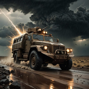 Vintage armoured car driving into vicious hailstorm.jpg