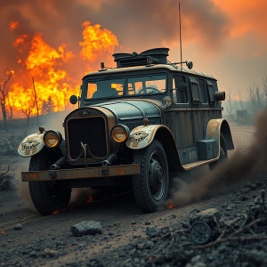 Vintage armoured car driving into vicious wildfire.jpg