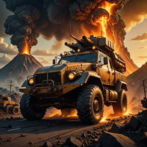 Vintage armoured car driving into volcanic eruption.jpg