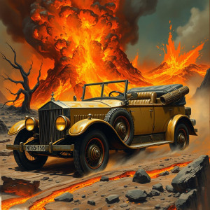 Vintage armoured car driving into volcanic eruption - 1.jpg