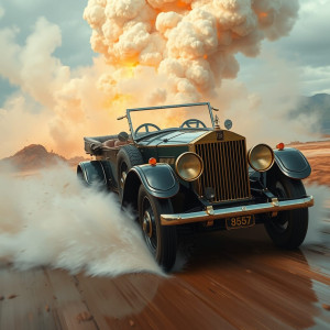 Vintage armoured car driving into geyser eruption.jpg