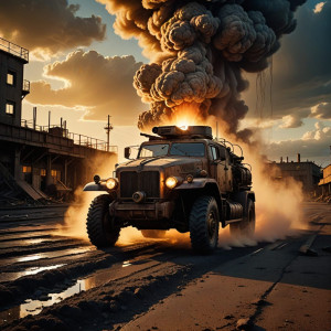Vintage armoured car driving into geyser eruption - 1.jpg