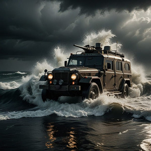 Vintage armoured car driving into vicious tsunami.jpg