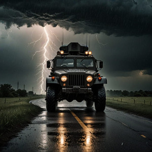 Vintage armoured car driving into vicious thunderstorm.jpg