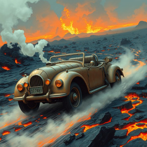 Vintage armoured car driving into lava field.jpg