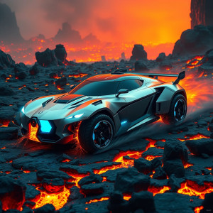 Futuristic armoured car driving into lava field.jpg