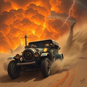 Steampunk armoured car driving into vicious sandstorm.jpg