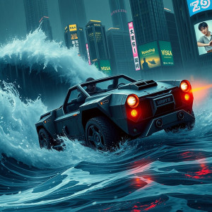 Cyberpunk armoured car driving into vicious tsunami.jpg