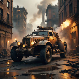 Steampunk armoured car in apocalyptic city.jpg