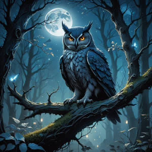 Owl sitting on the tree in a magical forest.jpg
