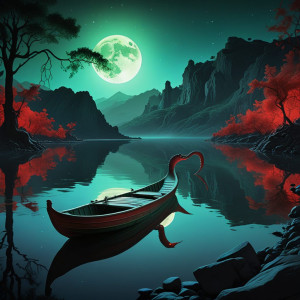Boat in Devil's Lake under full round green moon.jpg