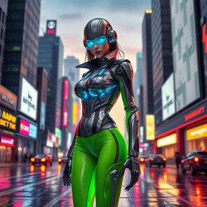 Seductive futuristic female robot in a neon-lit cityscape.jpg