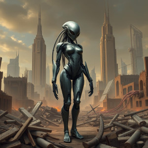 Mechanical ultraterrestrial woman in apocalyptic city.jpg
