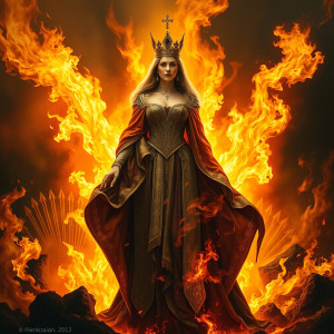 Beautiful queen burning at the stake in roaring fire.jpg