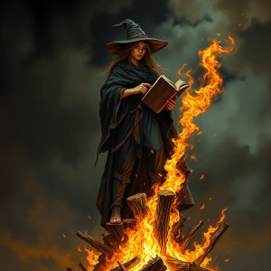 Beautiful witch burning at the stake in roaring fire.jpg