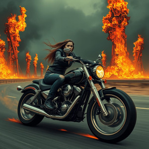 Beautiful woman on a speeding motorbike on Highway to Hell.jpg