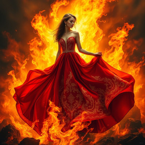 Beautiful woman in red dress rising from roaring fire.jpg