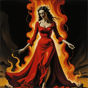 Beautiful woman in red dress rising from roaring fire - DXL.jpg