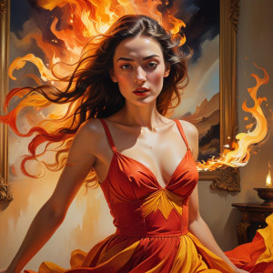 Beautiful woman in red dress rising from roaring fire - АХ.jpg