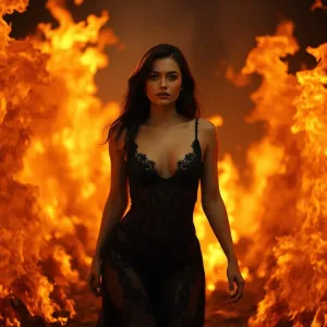 Beautiful woman in black lacy underwear walking through roaring flame.webp